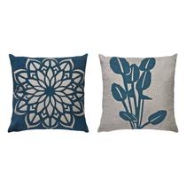 Kit 2 Almofadas Linho Com Bouclé Mandala Tulipa Azul 50x50 Kit 2 Almofadas Linho Com Bouclé Mandala Tulipa Azul 50x50