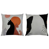 Kit 2 Almofadas Linho Estampa Gato Gatinhos Felino Lua 45x45
