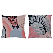 Kit 2 Almofadas Linho Floral Folhagens Vaso Rose Cinza 45x45