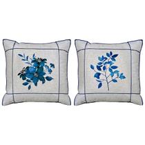 Kit 2 Almofadas Linho Folha Flor Azul Drapeada Luxuosa 45x45