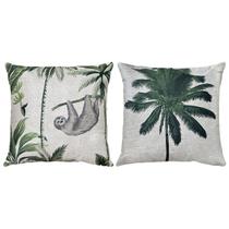 Kit 2 Almofadas Linho Preguiça Onça Pintada Coqueiro 45x45 Kit 2 Almofadas Linho Preguiça Onça Pintada Coqueiro 45x45