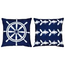 Kit 2 Almofadas Mar Timão Peixe Barco Boia Sarja Azul 45x45