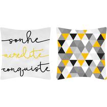 Kit 2 Almofadas Sarja Sonhe Conquiste Amarela 45x45 Decorativa