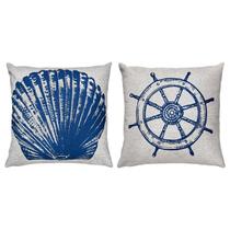 Kit 2 Almofadas Tema Marítimo Coral Timão Concha Linho 45x45 Kit 2 Almofadas Tema Marítimo Coral Timão Concha Linho 45x45