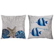 Kit 2 Almofadas Veludo Marítimas Praia Peixes Estrela 45x45 Kit 2 Almofadas Veludo Marítimas Praia Peixes Estrela 45x45