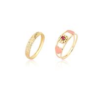 Kit 2 Anéis Conjunto Anel Pedra Vermelha Aparador Ouro 18k
