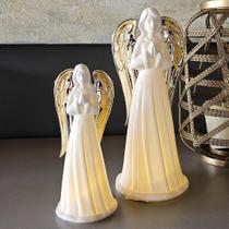 Kit 2 Anjo Decorativo Porcelana Branco Dourado Decoração Led