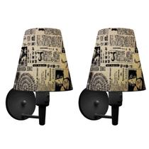 Kit/2 Arandela Cone Md-2013 Preto C/ Inter Liga e Desl Cúpula em Tecido Ny-Jornal - Bivolt