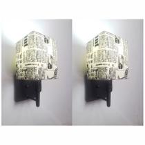 Kit/2 Arandela Quadrada Md-2019 Preto C/ Inter Liga e Desl Cúpula em Tecido Ny-Jornal - Bivolt