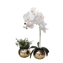 Kit 2 Arranjo Vaso Ouro Flores Verde e Orquídeas Branco Kit 2 Arranjo Vaso Ouro Flores Verde e Orquídeas Branco