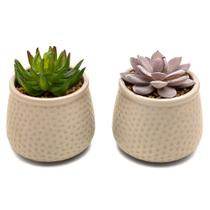 Kit 2 Arranjos Artificial Planta Suculenta Verde Vasos Vasinhos Cerâmica Escritório