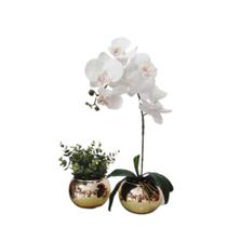 Kit 2 Arranjos Flores de Orquídea Branca e Vaso Dourado - La Caza Store