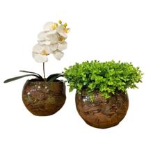 Kit 2 Arranjos Orquídea Branca e Verdinhos No Vaso De Vidro