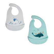 Kit 2 Babadores de Silicone KaBaby Baleia com Elefante com Bolso CataMigalhas e Fecho Ajustável