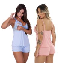 Kit 2 Baby Doll Amamentação Feminino Gestante Maternidade Pós Parto Short Para Dormir Abre Fácil