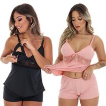 Kit 2 Baby Doll Amamentação Feminino Gestante Maternidade Pós Parto Short Para Dormir Abre Fácil