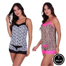 Kit 2 Baby Doll Blusa e Short Caleçon de Renda Onça e Vaca- c2 KIT 2 HELENA ONÇA PINK VACA PRETO Kit 2 Baby Doll Blusa e Short Caleçon de Renda Onça e Vaca- c2 KIT 2 HELENA ONÇA PINK VACA PRETO