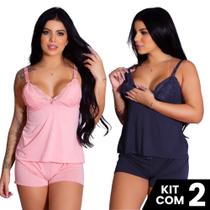 Kit 2 Baby Doll Short e Camiseta Amamentação Pijama Maternidade Pós Parto Grávida Suede Feminino