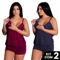 Kit 2 Baby Doll Short e Camiseta Amamentação Pijama Maternidade Pós Parto Grávida Suede Feminino
