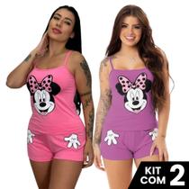 Kit 2 Baby Dolls Short e Blusa de Alça Estampado Mãozinha Personagem Conjunto de Dormir Feminino
