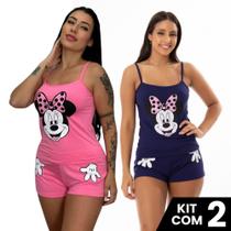Kit 2 Baby Dolls Short e Blusa de Alça Estampado Mãozinha Personagem Conjunto de Dormir Feminino