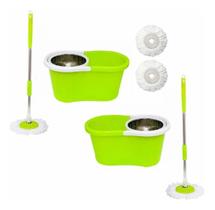 Kit 2 Balde Mop Spin 360 Centrifuga com Cesto em Inox e 2 Esfregão extra Verde