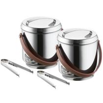 Kit 2 Baldes de Gelo Térmico Inox 2,3l Alça em Couro Com Pegador e Container Elegante Festa Bar Conf