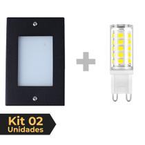 Kit 2 Balizador de Embutir Escada Parede Preto 4x2 Alumínio + Lâmpada Led G9 5w Branco Quente