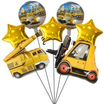 Kit 2 Balões Metalizados Caminhão de Construção: Guindaste, Empilhadeira + 2 Balões Redondo Construção + 3 Estrelas