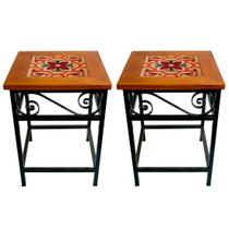 Kit 2 Bancos de Ferro e Madeira Rústico com Ladrilho Hidráulico