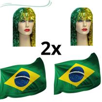 Kit 2 Bandeiras do Brasil + 2 Perucas Metalizadas Mundial