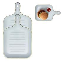 Kit 2 Bandeja p/ Servir Branca Dourada Cabo 23x23cm Atacado