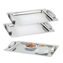 Kit 2 Bandeja Travessa Retangular Inox Com Alça Servir Café Chá Lanche Decorativa 36cm