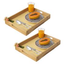 Kit 2 Bandejas de Bambu c/ Palha Indiana Para Servir Café da Manhã Decorativa Multiuso Retangular