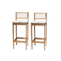 Kit 2 Banqueta Alta de Madeira com Assento Estofado e Encosto em Palhinha Bruna Cor: Mel e Linho Cinza Kit 2 Banqueta Alta de Madeira com Assento Estofado e Encosto em Palhinha Bruna Cor: Mel e Linho Cinza