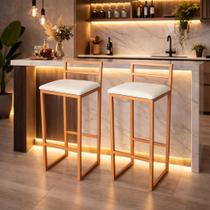Kit 2 Banqueta Alta Moderna Rose Gold Com Assento Estofado Branco