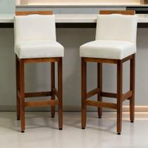 Kit 2 Banqueta Alta Para Cozinha De Madeira Maciça Estofada Com Encosto em Linho Para Bancada Americana E Área Gourmet Safira