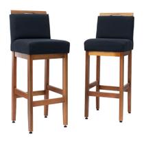 Kit 2 Banqueta Alta Para Cozinha De Madeira Maciça Estofada Com Encosto em Linho Para Bancada Americana E Área Gourmet Safira