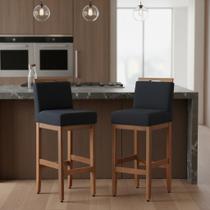 Kit 2 Banqueta Alta Para Cozinha De Madeira Maciça Estofada Com Encosto em Linho Para Bancada Americana E Área Gourmet Safira