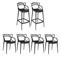 Kit 2 Banquetas Allegra Altas e 4 Cadeiras Masters em Polipropileno, Preto, Laváveis para Praia, Bar, Cozinha e Piscina