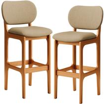 Kit 2 Banquetas Alta Bar Cozinha Sala Jantar Fixa Betta L02 Imbuia Linho Bege Escuro - Lyam Decor