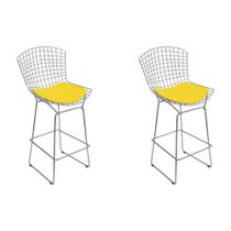 Kit 2 Banquetas Alta Bistrô Bertoia Cromada D60 com Assento Sintético Amarelo