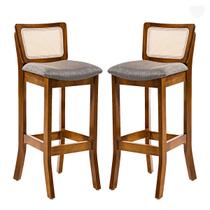 Kit 2 Banquetas Alta com Encosto Rattan Portugal Estofada Linho Cinza L55 RMI