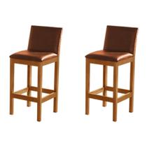 Kit 2 Banquetas Alta Luxo Pérola com Encosto Estofada em Couro Pu Caramelo Madeira Maciça Castanho Kit 2 Banquetas Alta Luxo Pérola com Encosto Estofada em Couro Pu Caramelo Madeira Maciça Castanho