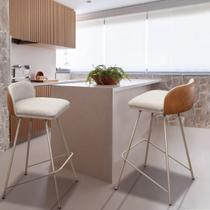 Kit 2 Banquetas Alta Nobre Sofisticada Casa Cozinha em Linho base Aço Champanhe