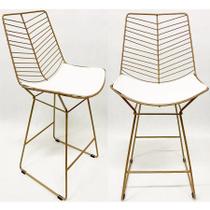 Kit 2 Banquetas Alta para Cozinha Bertoia Retrô cor Dourado fosco assento branco - Poltronas do Sul