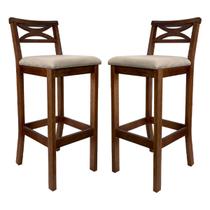 Kit 2 Banquetas Alta X Estofada 38x103Cm Ilha Encosto Madri Madeira Maciça Castanho Suede Bege CCS