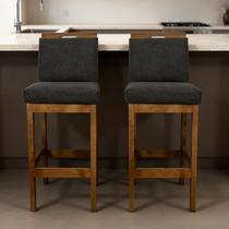 Kit 2 Banquetas Altas 70cm com Encosto Madeira Maciça Estofado em Linho Cozinha Americana Bancada Gourmet Bistrô Rubi
