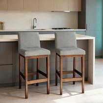 Kit 2 Banquetas Altas 70cm Estofadas com Encosto Linho Madeira Maciça para Cozinha Bancada Americana Area Gourmet Gold Montadas