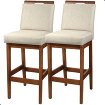 Kit 2 Banquetas Altas 70cm Rubi com Encosto Madeira Maciça Estofado em Linho Cozinha Americana Bancada Gourmet Bistrô